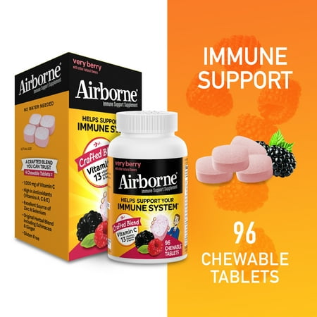 Airborne Very Berry Chewable Tablets, 96 count - 1000mg of Vitamin C - Immune Support Supplement (Packaging May Vary)