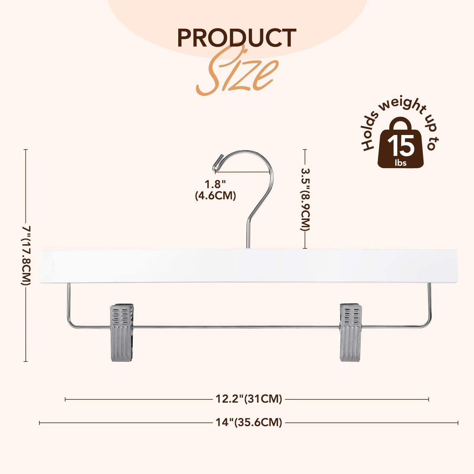ACSTEP Wooden Pants Hangers with Clips, 14" Heavy Duty & Anti Slip Wooden Hangers for Pants, Skirt, 25 Pcs, White