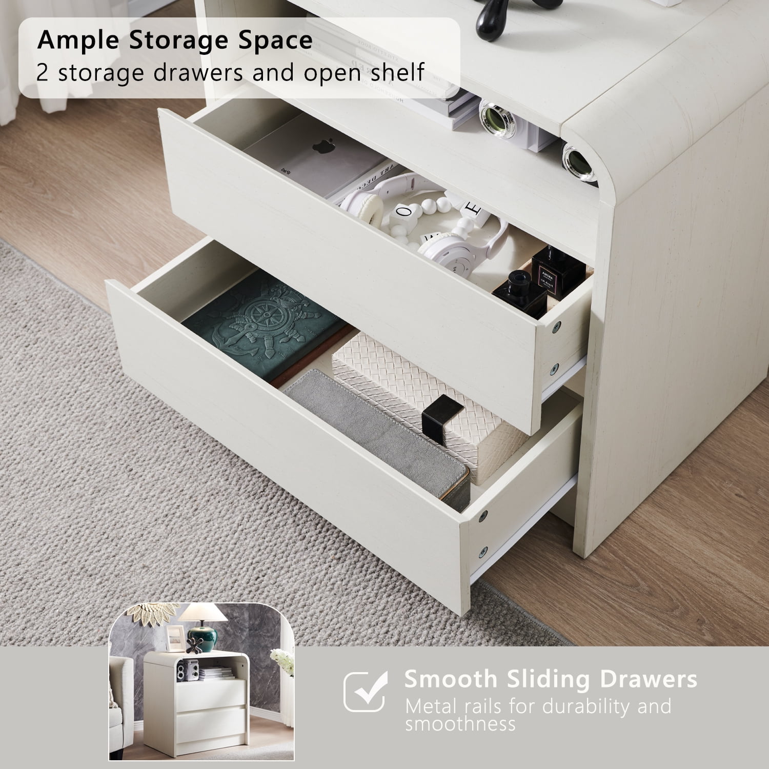 wow97e 2 Drawers Bedside Table, Modern Nightstand with Charging Station, Curved Profile Design, Mid Century End Table for Bedroom, Living Room