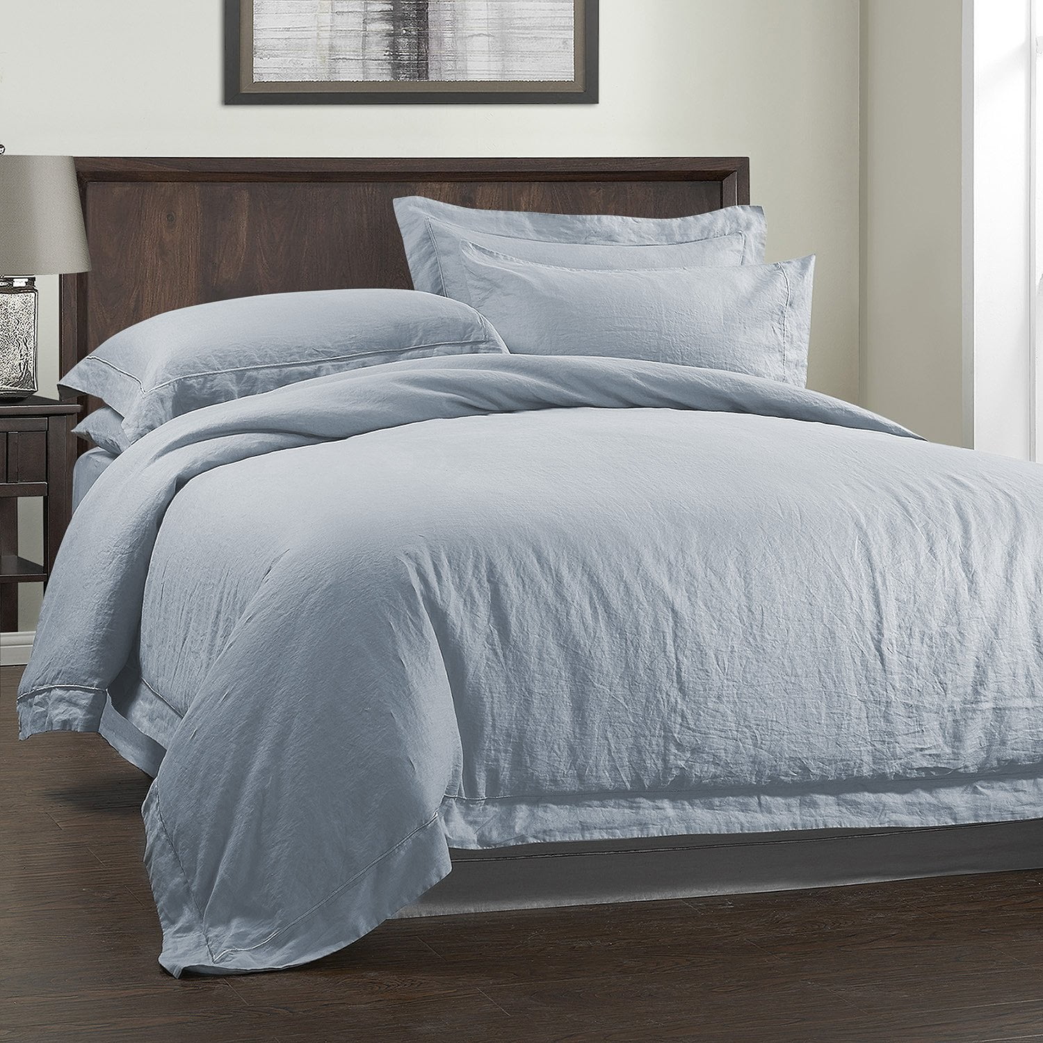 100 Linen Solid Embroidery Border Duvet Cover Set (Twin,Blue)