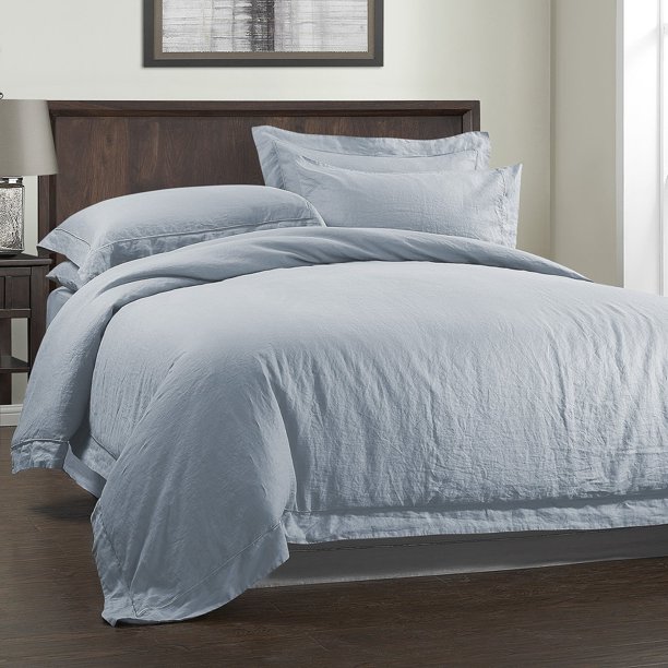 100 Linen Solid Embroidery Border Duvet Cover Set (Twin,Blue