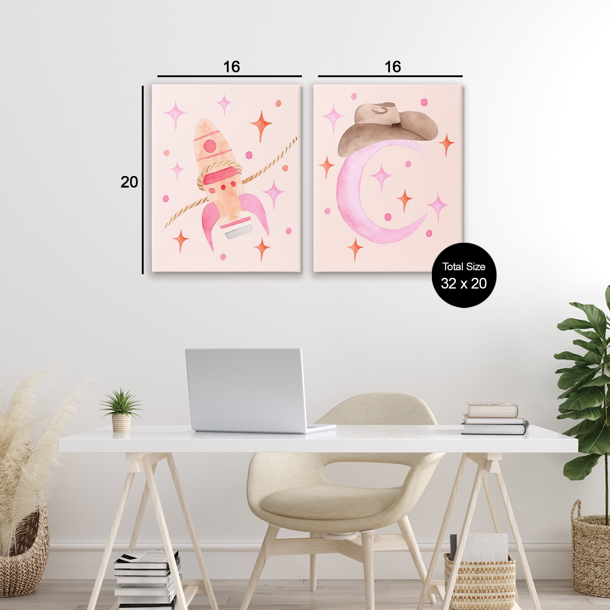 Space Cowgirl Rocket Ship 2 Piece Canvas Wall Art Set, design by Nina Jacobs