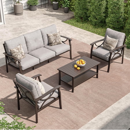 May in Color Outdoor Patio Furniture Set 4 Piece Patio Conversation Set with Coffee Table Metal Furniture Set for Porch Backyard Garden Grey