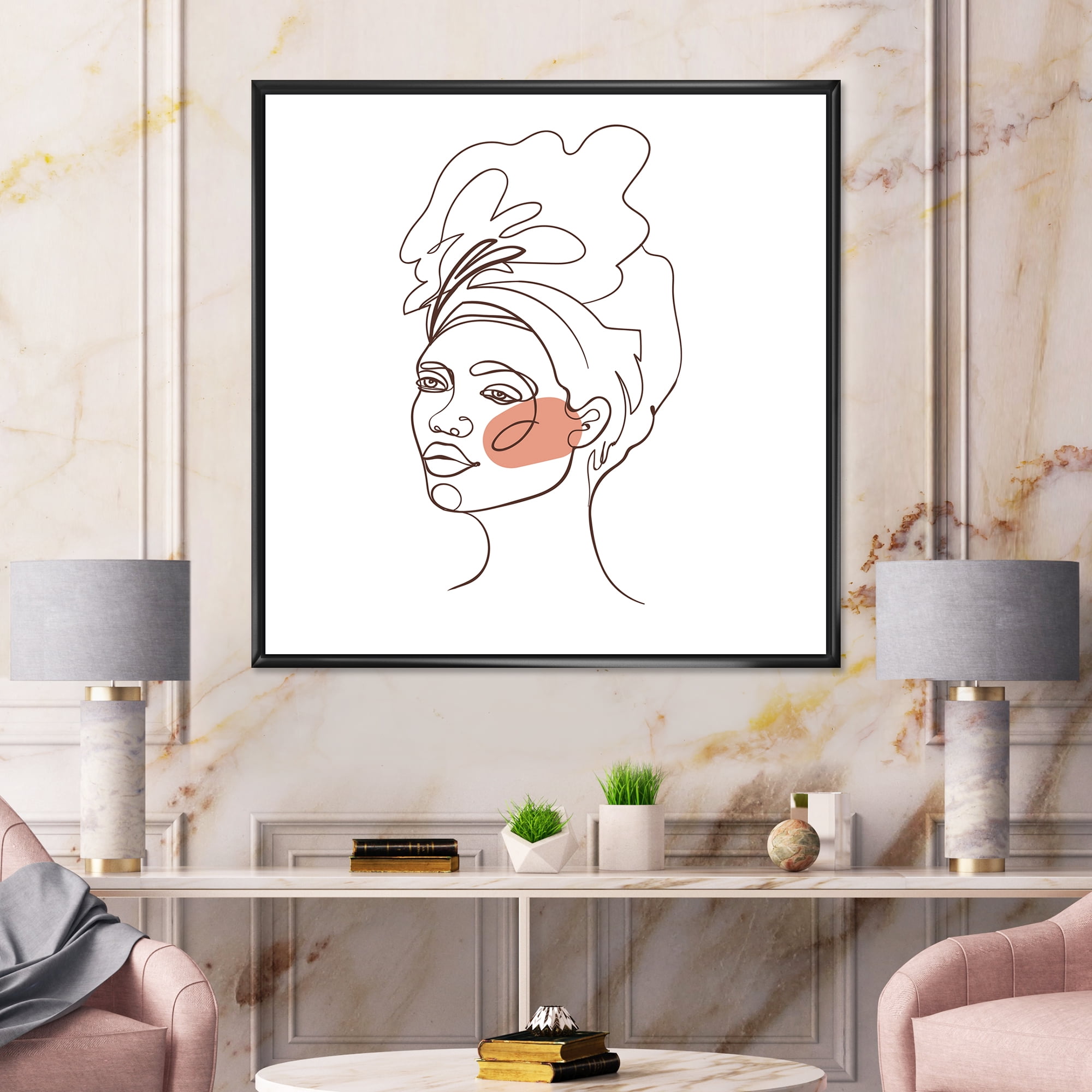 Designart 'One Line Portrait of Afro American Woman III' Modern Framed Canvas Wall Art Print