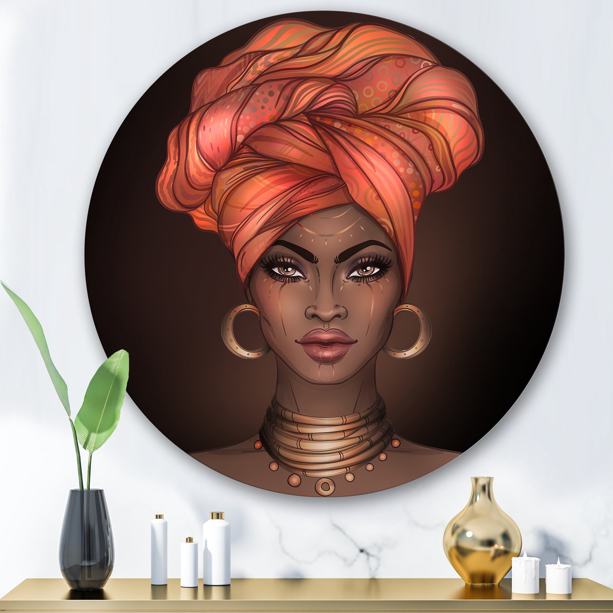 Designart 'African American Woman Portrait with Turban V' Modern Circle Metal Wall Art 36x36 - Disc of 36