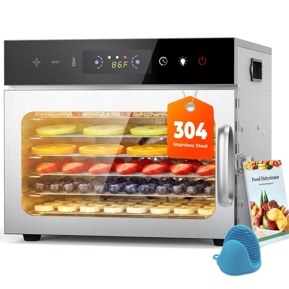 RUIE Food Dehydrator Machine with 6 Stainless Steel Large Trays,400W Fruit Dehydrator,24H Timer and 194°F Temperature Control, Food Dryer for Jerky, Herb, Meat,Beef,Fruit and Dog Treats,Silver