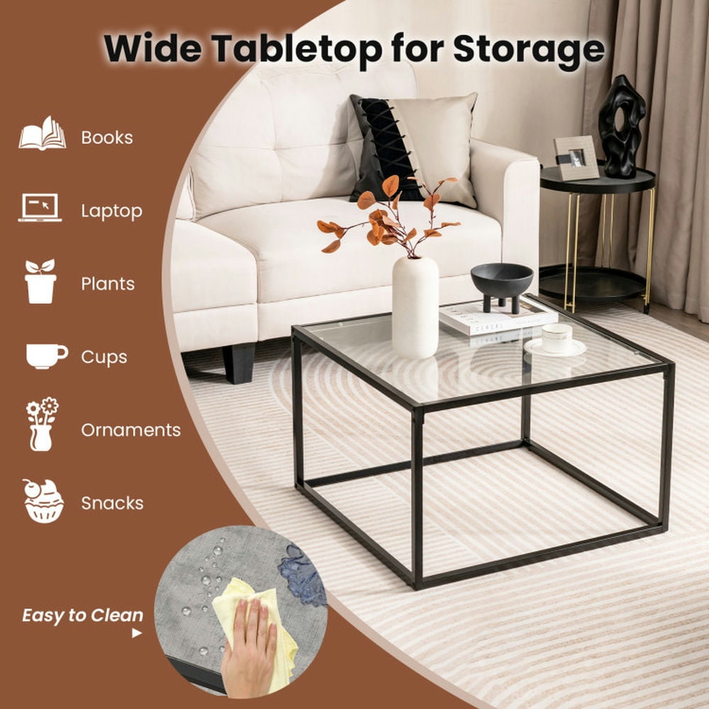 Finihen Coffee Table, Tempered Glass Coffee Table, 27.5 Inch Home Square Tea Table with Heavy-duty Metal Frame, for Living Room, Reception Room, Black Finihen Coffee Table, Tempered Glass Coffee Table, 27.5 Inch Home Square Tea Table with Heavy-duty Metal Frame, for Living Room, Reception Room, Black
