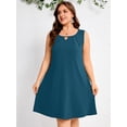 thumbnail image 5 of SHOWMALL Plus Size Sleeveless Summer Dress for Women, Keyhole Cutout Pleated Neck Indigo Blue 2X A-Line Dress with Pockets, Soft Casual Sun Dress, 5 of 6