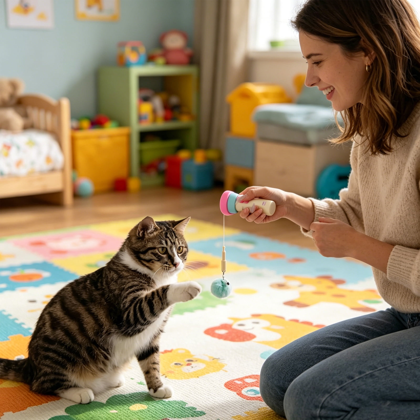 Electric Cat Wand Toy with Telescopic Rope, Cat Teaser Game Interactive Cats Toys Fuzzy Ball Launchers Funny Enrichment Toys for Bored Indoor Pets