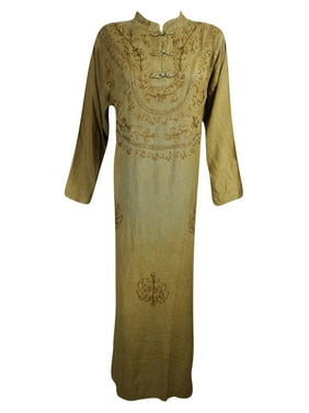 Mogul Womens Long Dress Embroidered Stonewashed Rayon Long Sleeve Tie Back Evening Kaftan Resort Beach Wear Maxi Dresses