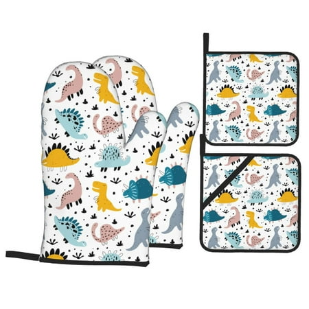 

Oven Mitts and Pot Holders Sets 4 pcs - cute Dinosaur print Heat Resistant Silicone Oven Gloves with Non-Slip Silicone Surface and hot pads for kitchen Baking Cooking BBQ