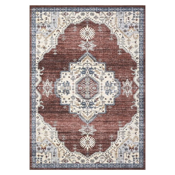 Vintage Medallion Area Rug – Washable Low Pile Distressed Carpet for Living Room & Bedroom