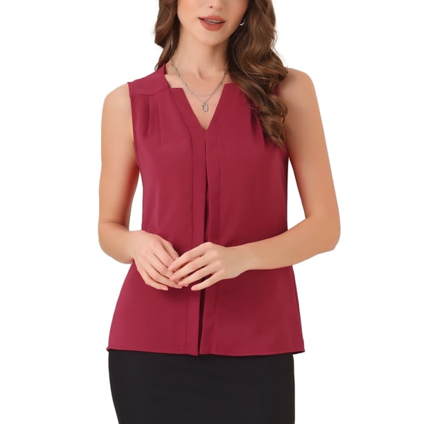 INSPIRAR CHIC Blusa sin mangas de gasa con cuello en V para oficina de mujeres L Roja