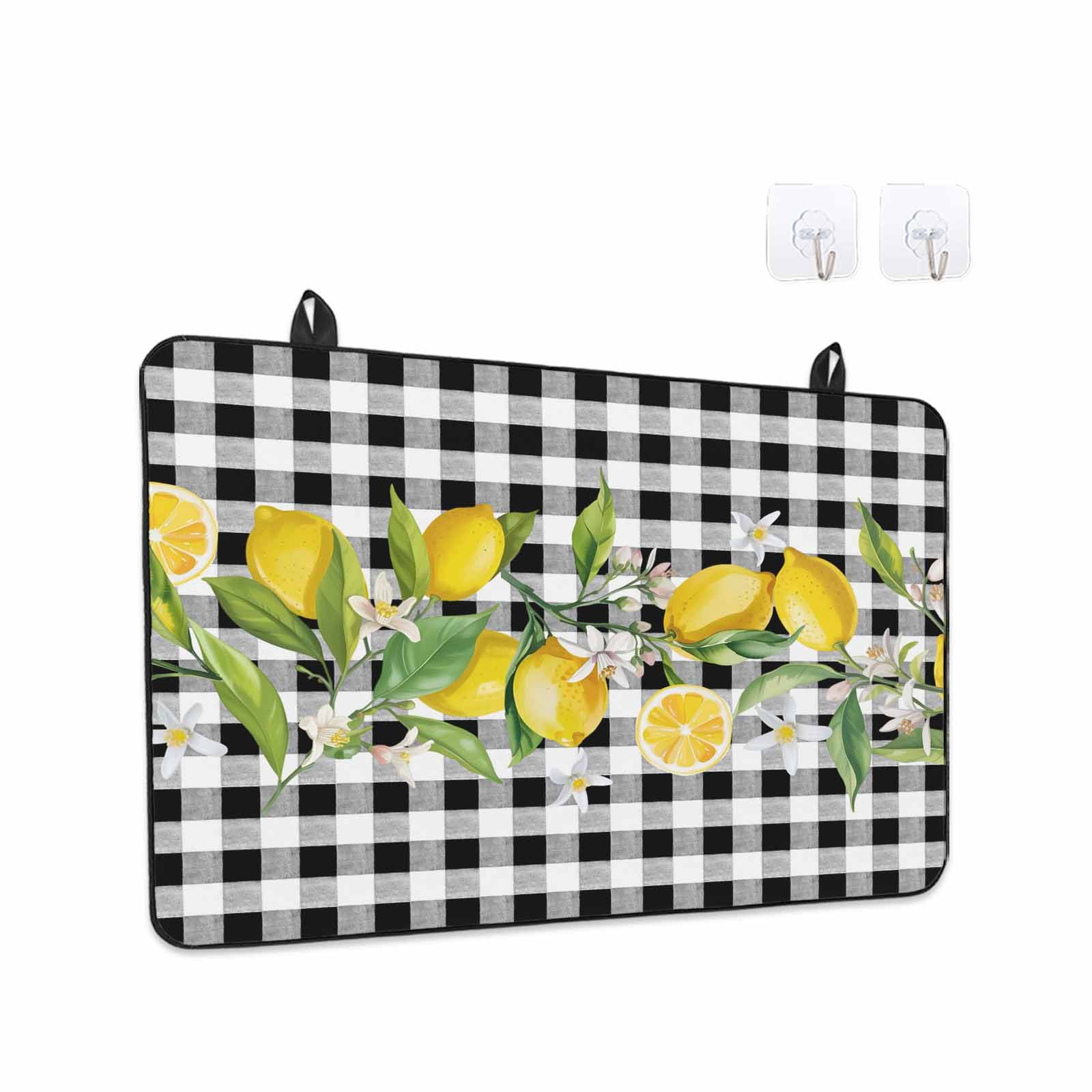 Lemon Stove Top Cover for Electric Stove, Heat-proof & Non Slip Glass Top Stove Cover Protector, Farmhouse Summer Botanical Fruit Black White Plaid Kitchen Flat Cooktop Rubber Mat 24x21 Inches