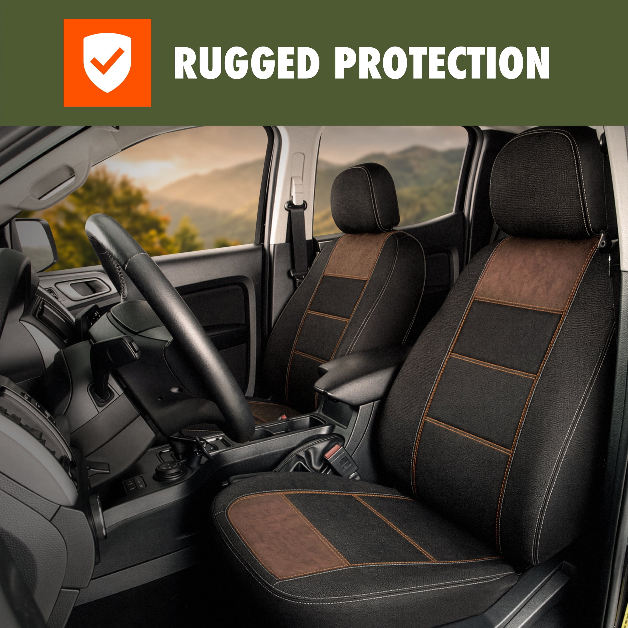 Ozark Trail Seat Covers 2 Pack, Heavy Duty Front Seat Cloth Fits Truck SUV CUV, Compatible with Attached Armrest, Black Vintage