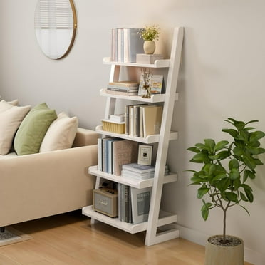 Wooden Ladder Shelf, Ladder Bookshelf, Short Ladder Shelf with Stable Structure, Leaning Bookshelf Ladder for Living Room, Bedroom, Home Office, 55.1" H (White)