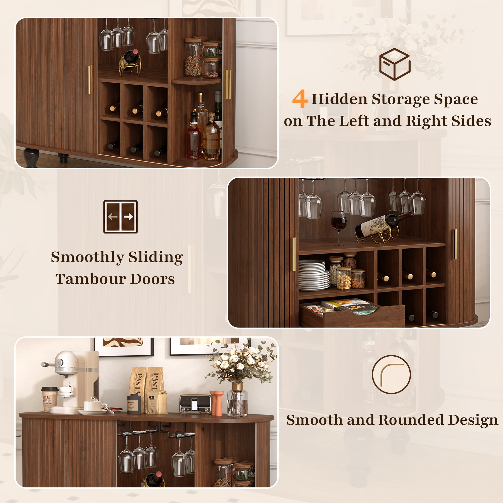 avobird 39" Fluted Liquor & Coffee Bar Cabinet with 6 Wine Racks and 3 Glass Holders, Mid-Century Modern Bar Cabinet with A Large Storage Drawer ,4 Hidden Storage Space on the Side , Walnut