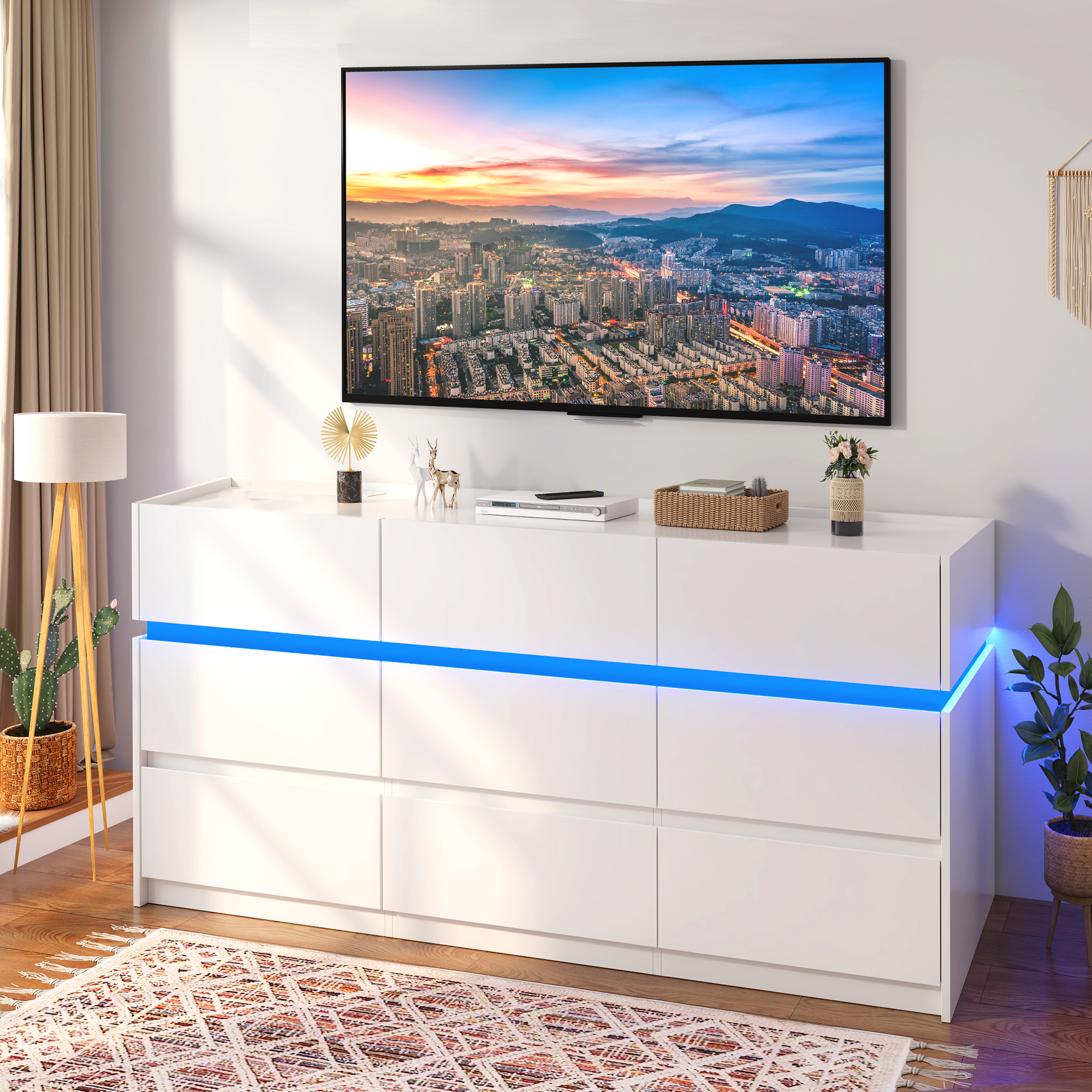 HAUXITIO 9 Drawer Dresser Chest with Charging Station and LED Lights for Bedroom, Modern TV Stand Cabinet, White