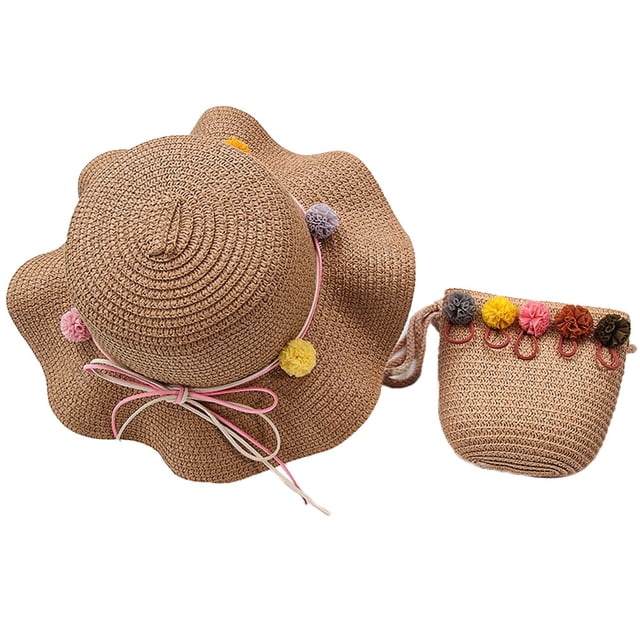 Conjunto de sombrero de paja y cartera de paja con protección solar para niños con circunferencia de la cabeza de 50 a 54 cm, linda decoración de bolas de pelo, sombrero para el sol de verano Caqui