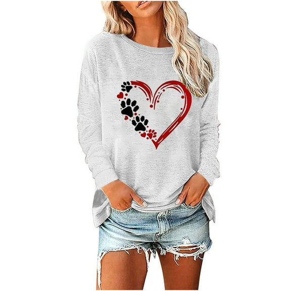 Trendy Sweatshirts Womens Long Sleeve Crew Neck Dog Paws Love Heart Print Pullover Tee Shirt Fall Winter Tops (XL, White)