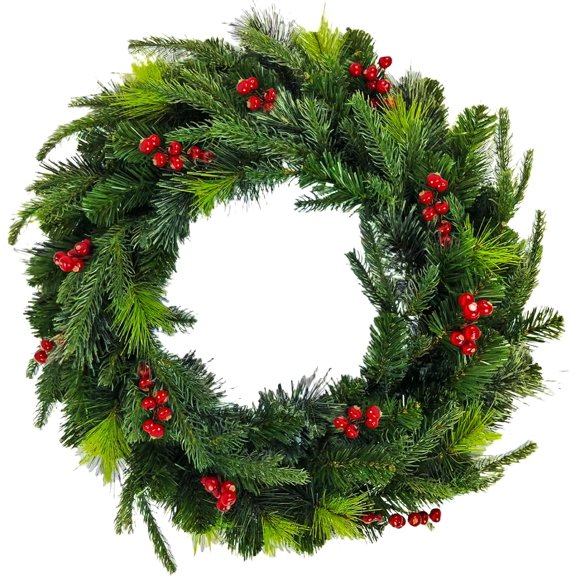 Guvpev 24 Inch Christmas Wreath for Front Door, Artificial Cedar Wreath with Red Berries, Real Touch Faux Winter Pine Needles Wreath for Wall, Window, Porch, Indoor/Outdoor Christmas Decorations