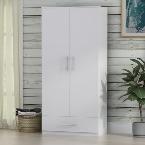 MONSLIPA Armoire Moderne à 2 Portes avec Tiroir et Tringle, Blanc