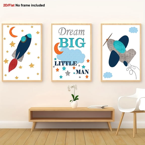 [2D Flat] 3pcs Frameless Decorative Wall Art, 2D Flat, Boys' Nursery Quote Kids' Wall Art Print, Navy Blue and Gray Airplane Rocket Picture Set for Home, Living Room, and Bedroom Decoration, Perfect