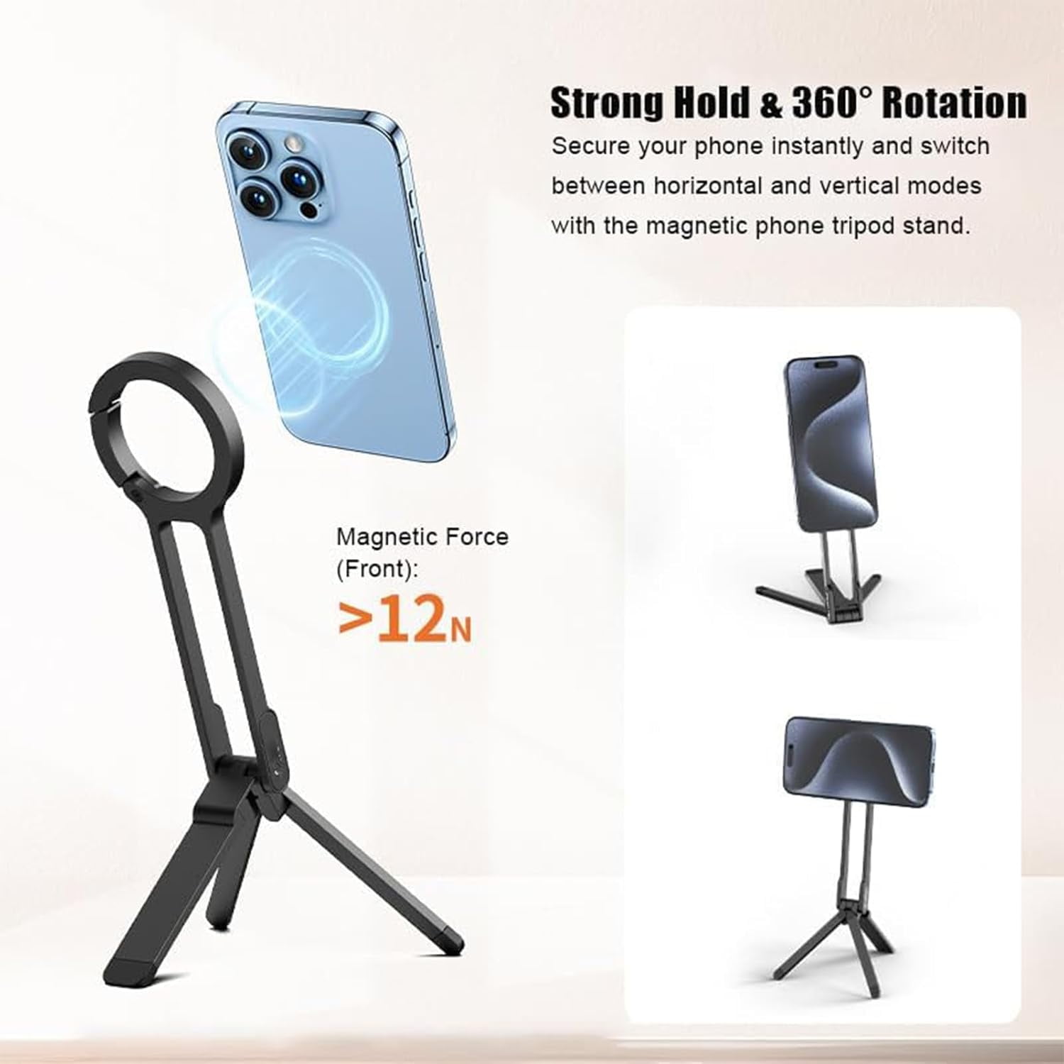 Magnetic Phone Tripod for iPhone, Ma38 Portable Phone Holder Mini Tripod for Magsafe, Ma 38 Aluminium Double-Sid Stand with Strong Magnets & Foldable Hook, 180° Rotation Cold Shoe Mount Silver 2PCS