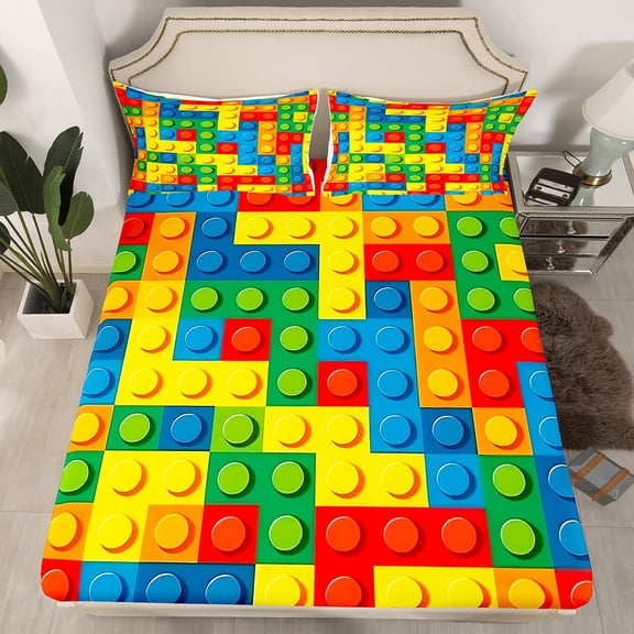 Games Bed Sheet Set Bedroom Color Building Blocks Fitted Sheet Gift Toy Brick Bedding Set Nursery Bed Cover with Pillowcase Decor 3 Pcs Full Size