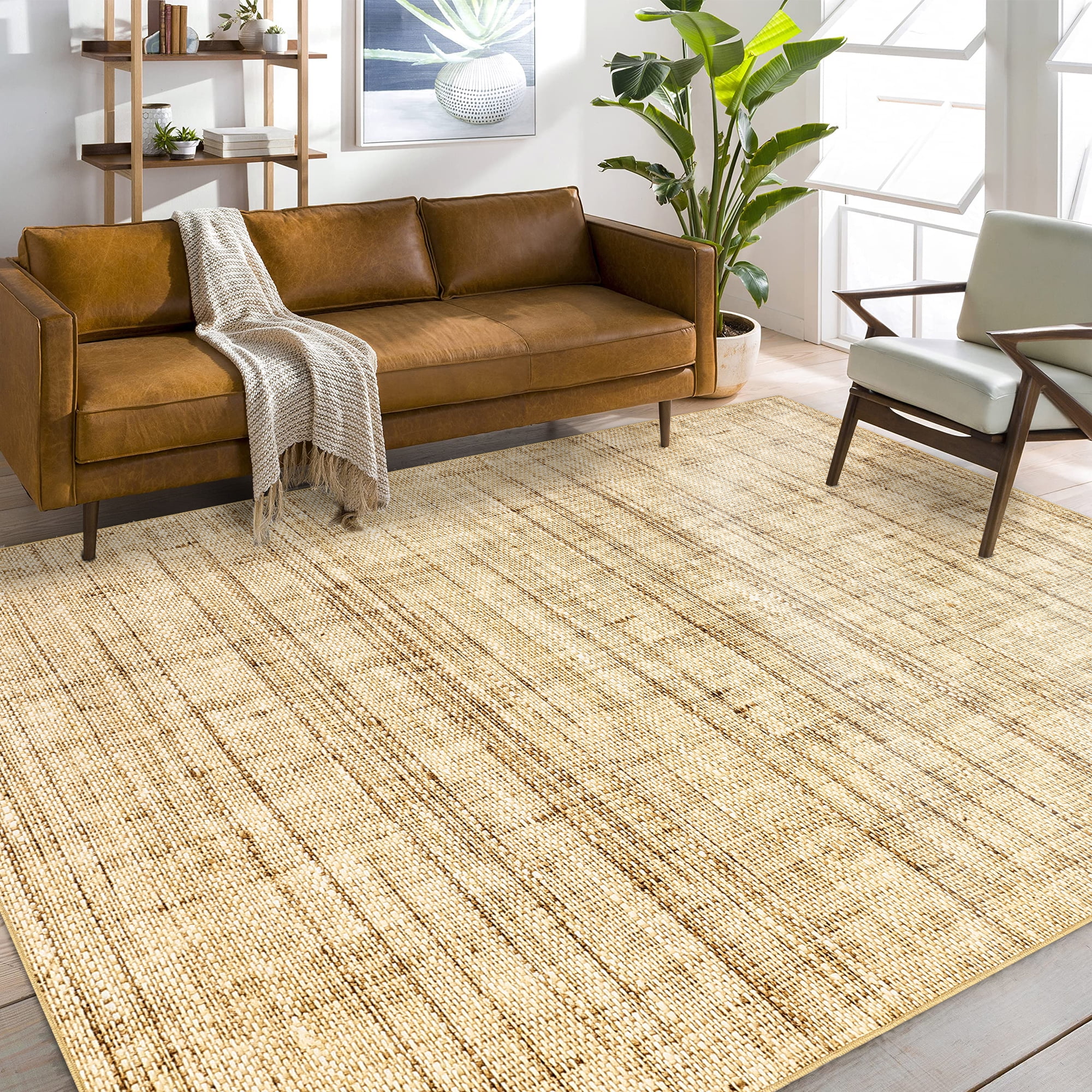 FairOnly 8'x10' Linen Machine Washable Area Rugs for Kitchen Family Room Low Pile Stain-Resistant Rugs Natural Carpet