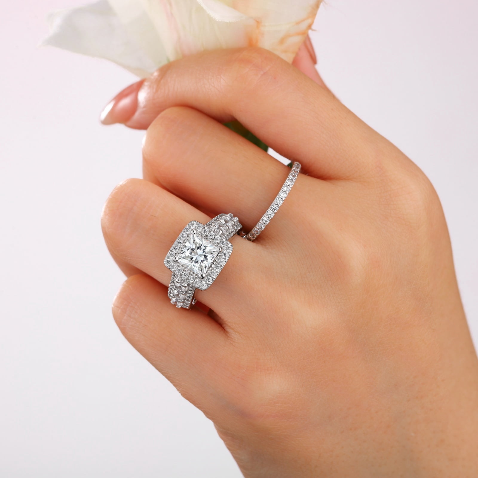 SFTING Wedding Rings for Women Halo Princess Cut Engagement Rings Enternity 5A CZ Silver 18K Plated Jewelry Promise Rings for Her Size 7