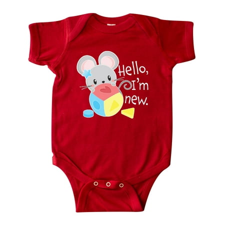 

Inktastic Hello I m New Cute Shy Mouse with Toy Gift Baby Boy or Baby Girl Bodysuit