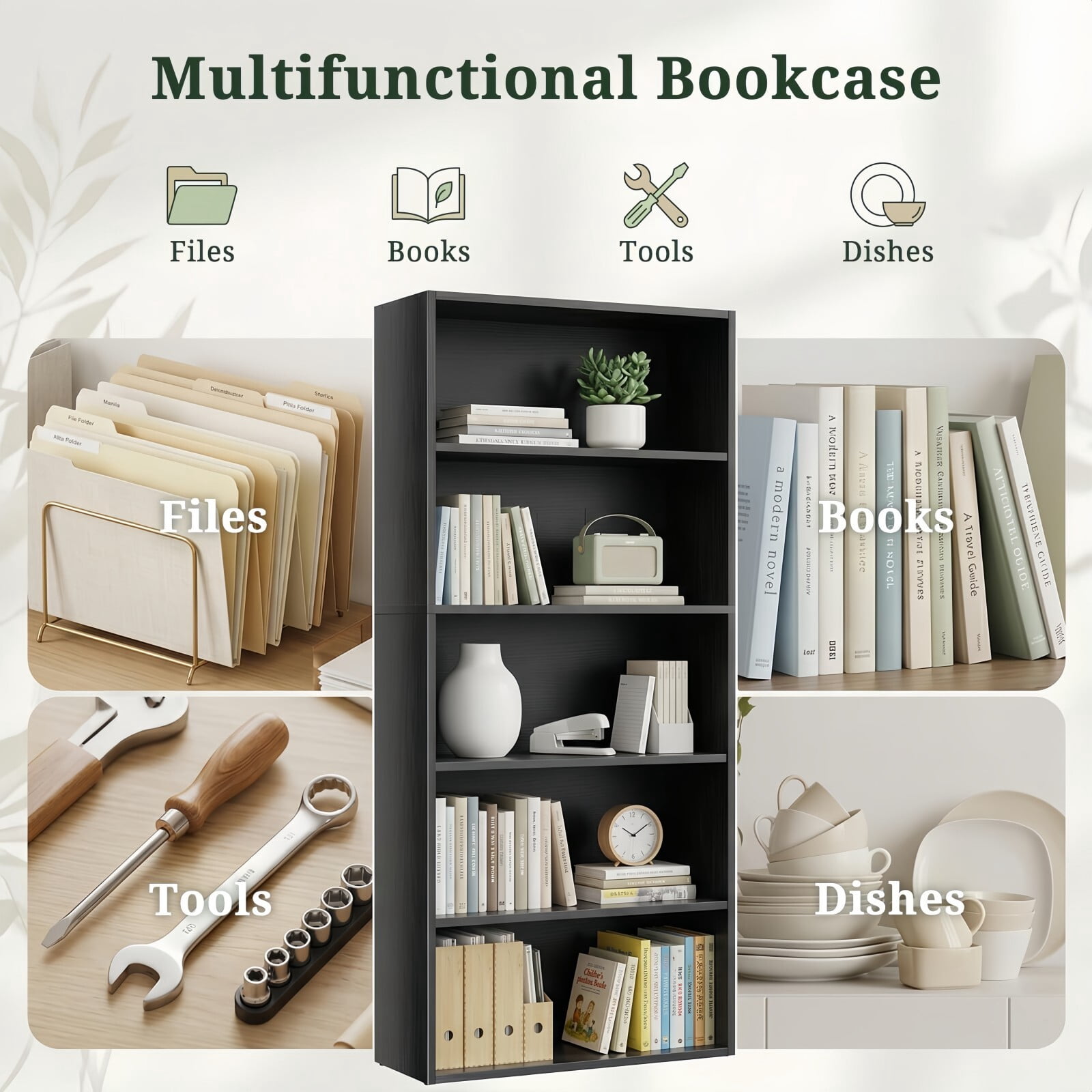 Kelno 5 Tier Vintage Bookshelf 53" Freestanding Wood Bookcase with Adjustable Shelf Anti-Tip Kit, Black