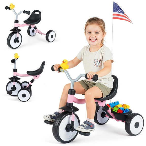 Redsmile Toddler Tricycle for 1-3 Years, Kids Trike with Light-Up Wheels, 3-Position Seat & Storage Basket, Foldable Push Walker Toy, Removable Pedals for Boys Girls, Christmas Gift, Pink