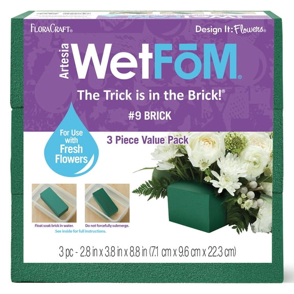 FloraCraft Floral Artesia WetFōM 3 Piece Brick 2.8 inch x 3.8 inch x 8.8 inch Green