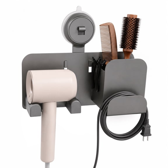 Riousery Hair Dryer Holder, Suction Cup Wall Mount Organizer with Storage Basket, Reusable No Drill Design for Bathroom