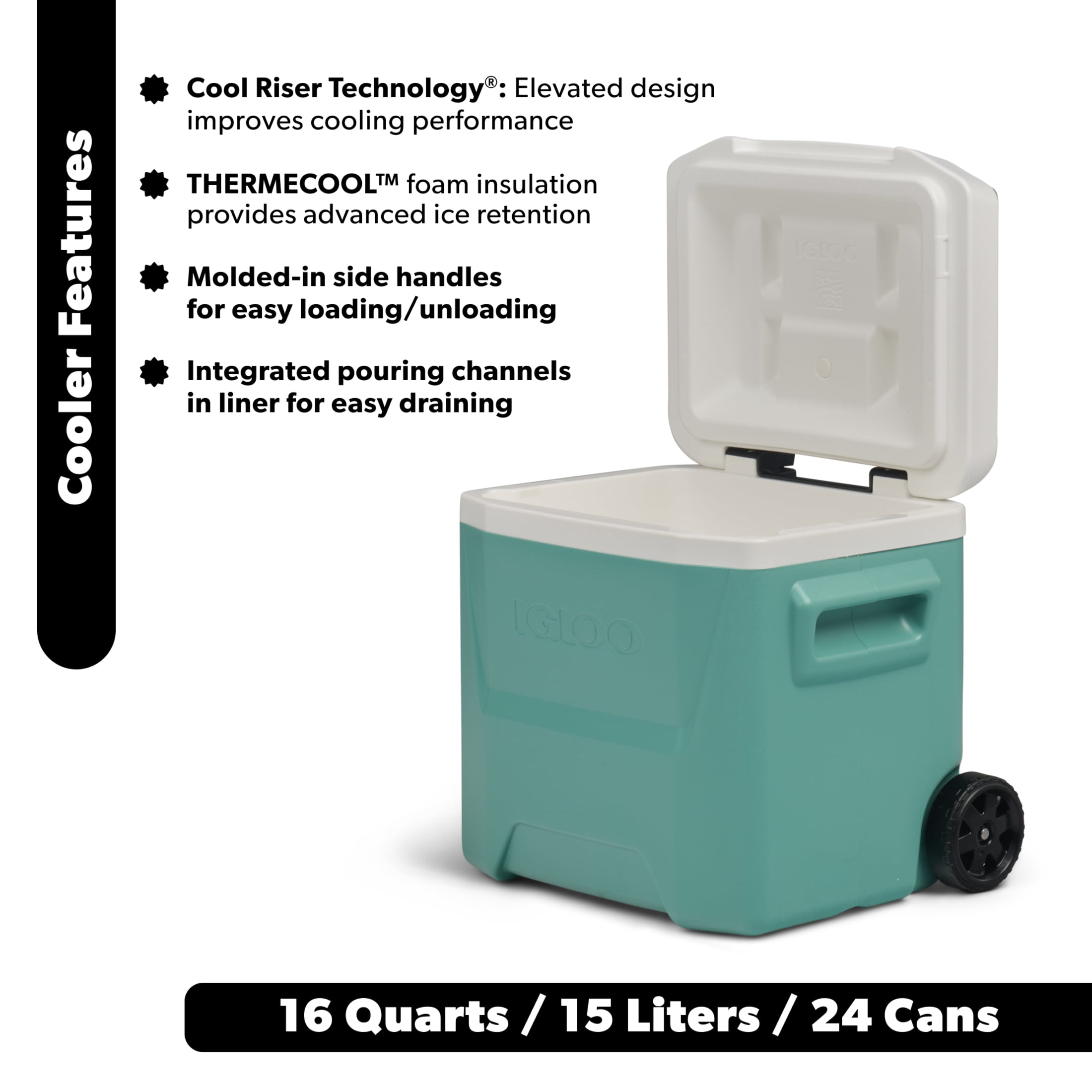 Igloo 16 QT Laguna Hard Side Ice Chest Cooler with Wheels, Teal Blue