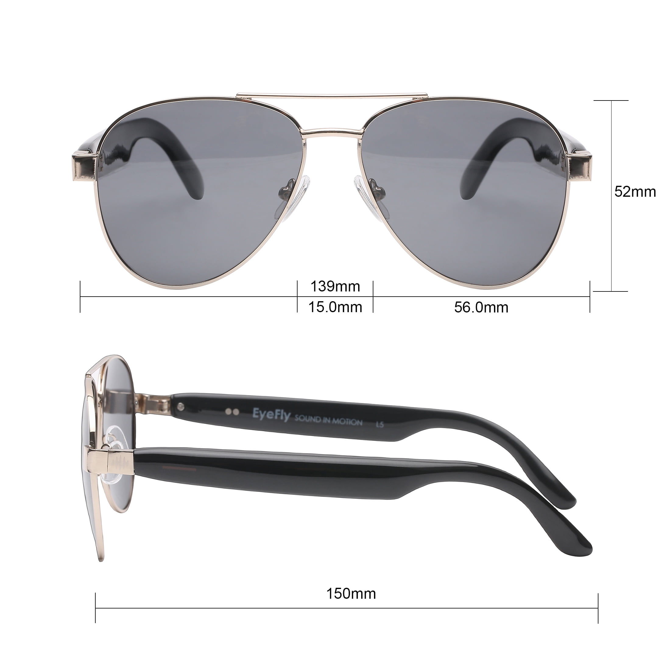 Eyefly Sonic Prescription Ready Bluetooth Rechargeable Unisex Sunglasses, Gold, Includes Case