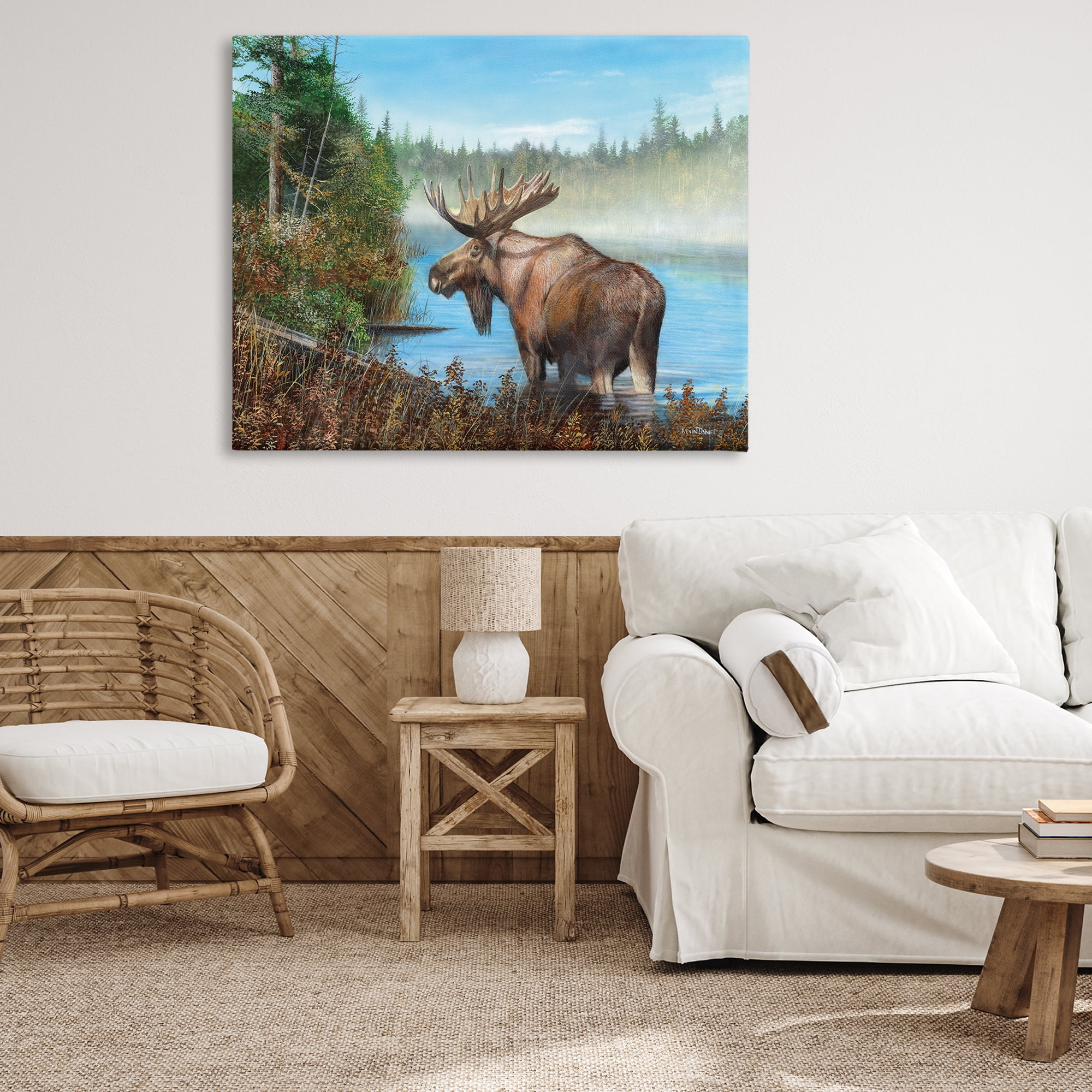 Stupell Industries Rustic Moose Wading in Shore Landscape & Nature Painting Wrapped Canvas Art Print Wall Art, 48 x 36