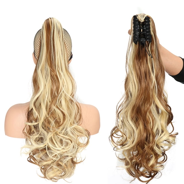 Perruque Bouclée pour Femme Queue de Cheval avec Pince Griffe Extension de Cheveux Ondulés de 22 Pouces de Long Perruques en Fibre Synthétique Résistantes à la Chaleur Prise Forte et Fixation Sécurisée