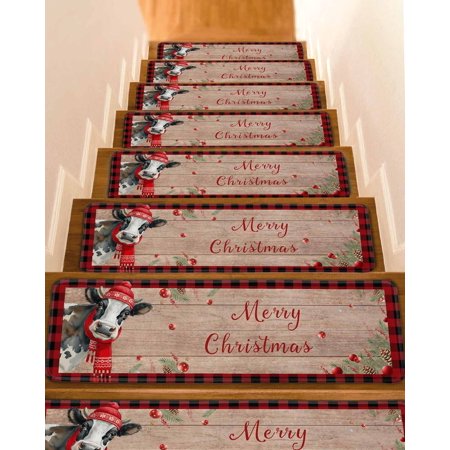 Red Christmas Stair Treads for Wooden Steps Indoor Runner Rug Carpet Cow Farmhouse Plaid Xmas Botanical Wooden 7 Pieces Peel and Stick Staircase Step Treads Covers Washable Throw Door Mats 30 x8