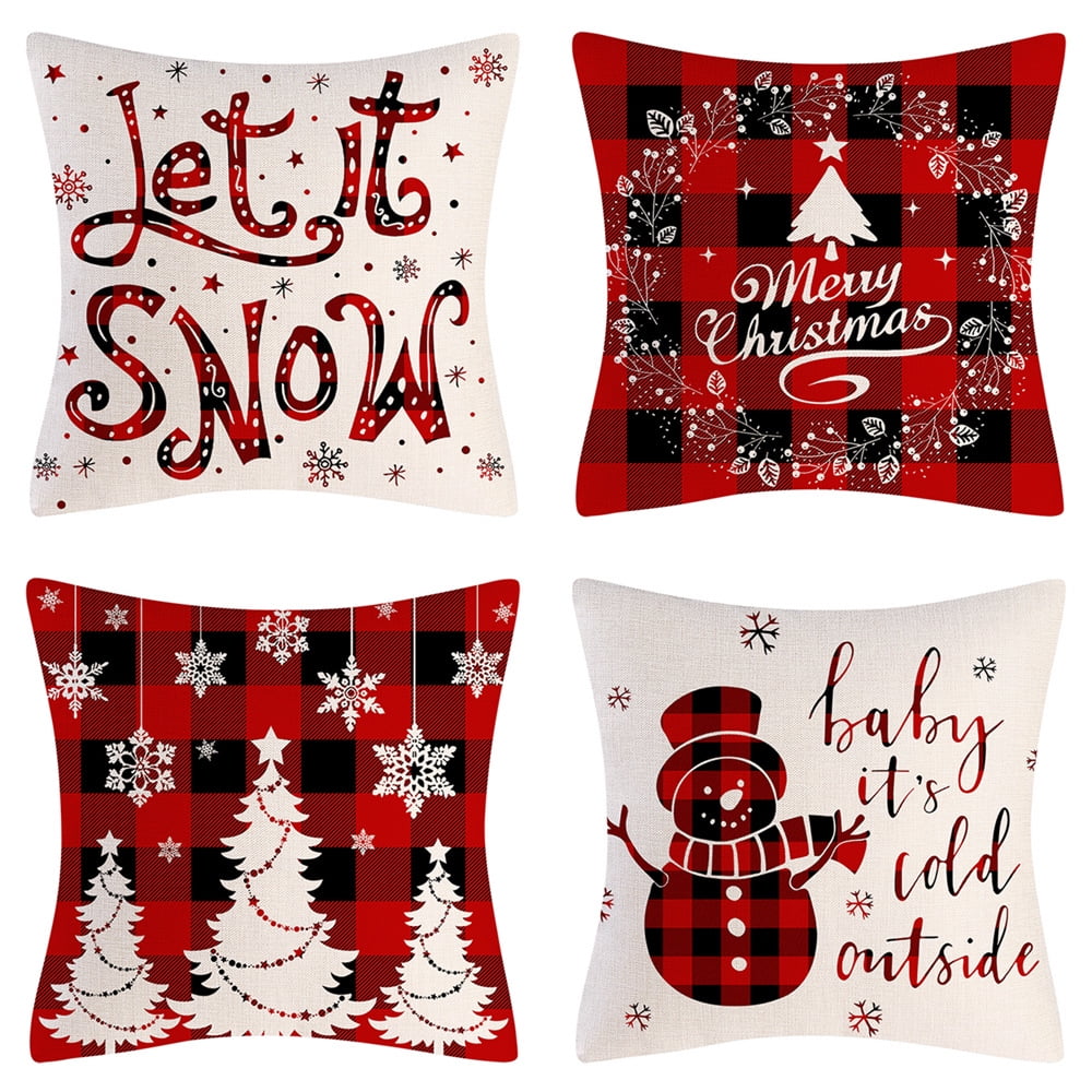 Festive Red and White Christmas Polyester Pillow Covers Set of 4