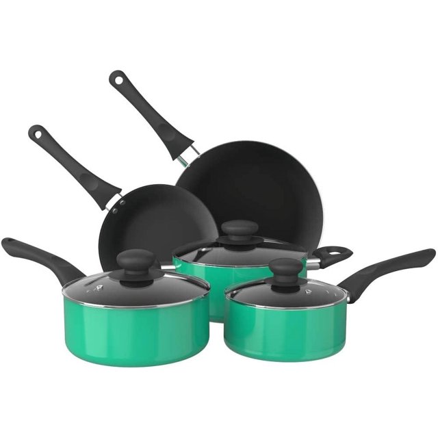 juego de utensilios de cocina, ollas y sartenes antiadherentes de aleación de aluminio - juego de 8 piezas (verde) mosta m-8tg Conjunto en verde con interiores antiadherentes negros: sartenes de 8 pulgadas y 10 pulgadas, cacerola de 1.5 cuartos con tapa de vidrio, olla de 2 cuartos con tapa de vidrio y cacerola de 3 cuartos con tapa de vidrio; cuerpos de aluminio, asas suaves al tacto, tapas ventiladas y base en espiral; compatible con estufas de gas, eléctricas y de vidrio. Adecuado para preparar porciones individuales o comidas para llevar.