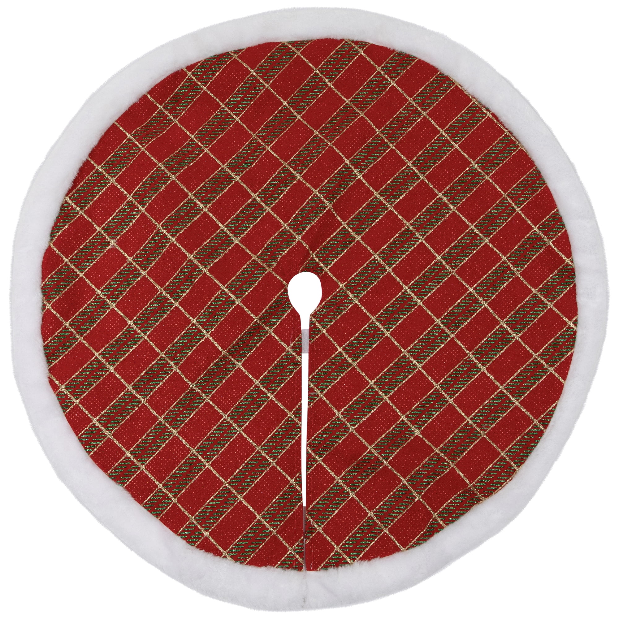 20" Glitter Red Green and Gold Plaid Mini Christmas Tree Skirt with White Faux Fur Border