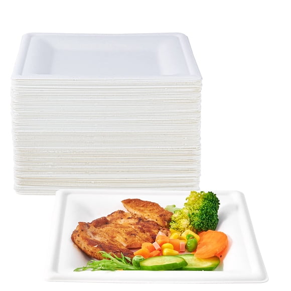 ECOLipak 150 Piecs Compostable Square Plates, 6 inch Eco-friendly Heavy Duty Biodegradable Sugarcane Disposable Paper Plates for Party Dinner Birthda