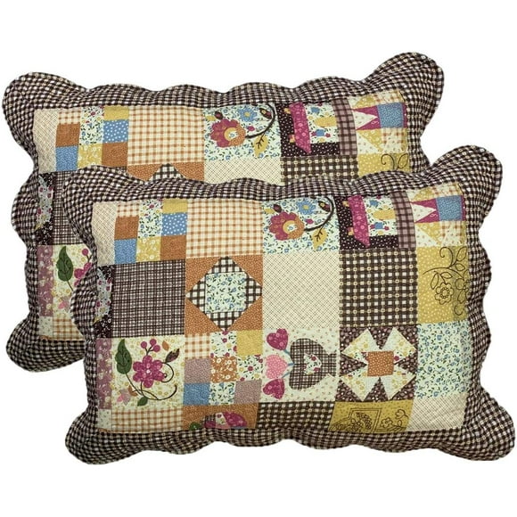 2-Piece Boho Cotton Quilted Bed Pillow Shams Floral Printed Patchwork Pillow Shams Set, Standard Size (511 Coffee, 20"x28")