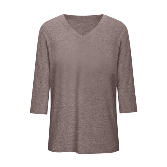 Fnooota Women's Cotton Plus Size T-shirts, Casual Loose Fit Summer V Neck 3/4 Sleeve Tops Brown Size XL-5XL