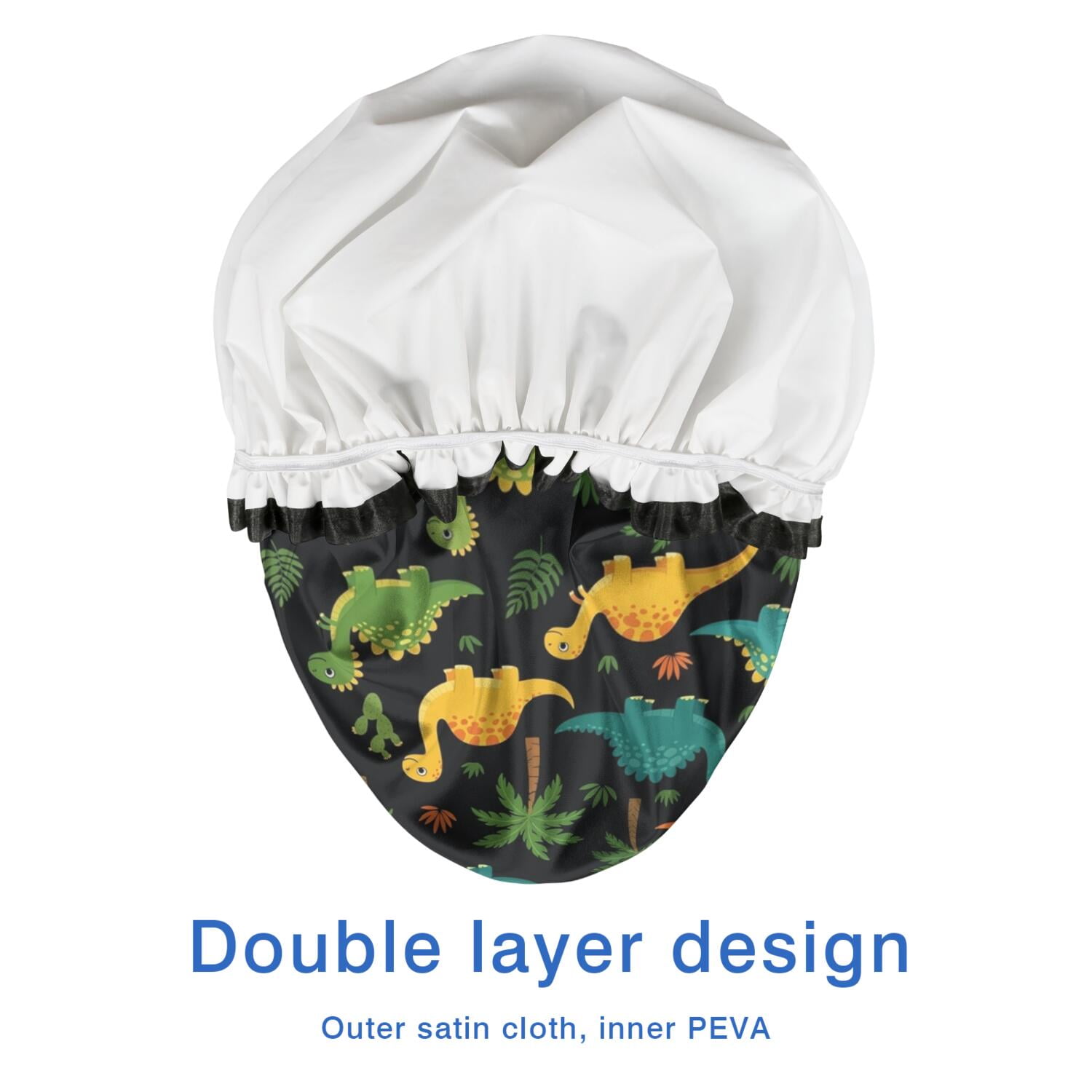 Shower Caps,Black Colorful Dinosaurs Pattern Waterproof Shower Cap for Women 4 Pieces,Double Reusable Hair Cover for Shower PEVA Elastic Stretch Hem