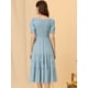 thumbnail image 3 of Vestido escalonado fruncido para mujer, cuello redondo, manga farol elástica, vestido informal de línea A Azul L, 3 of 6