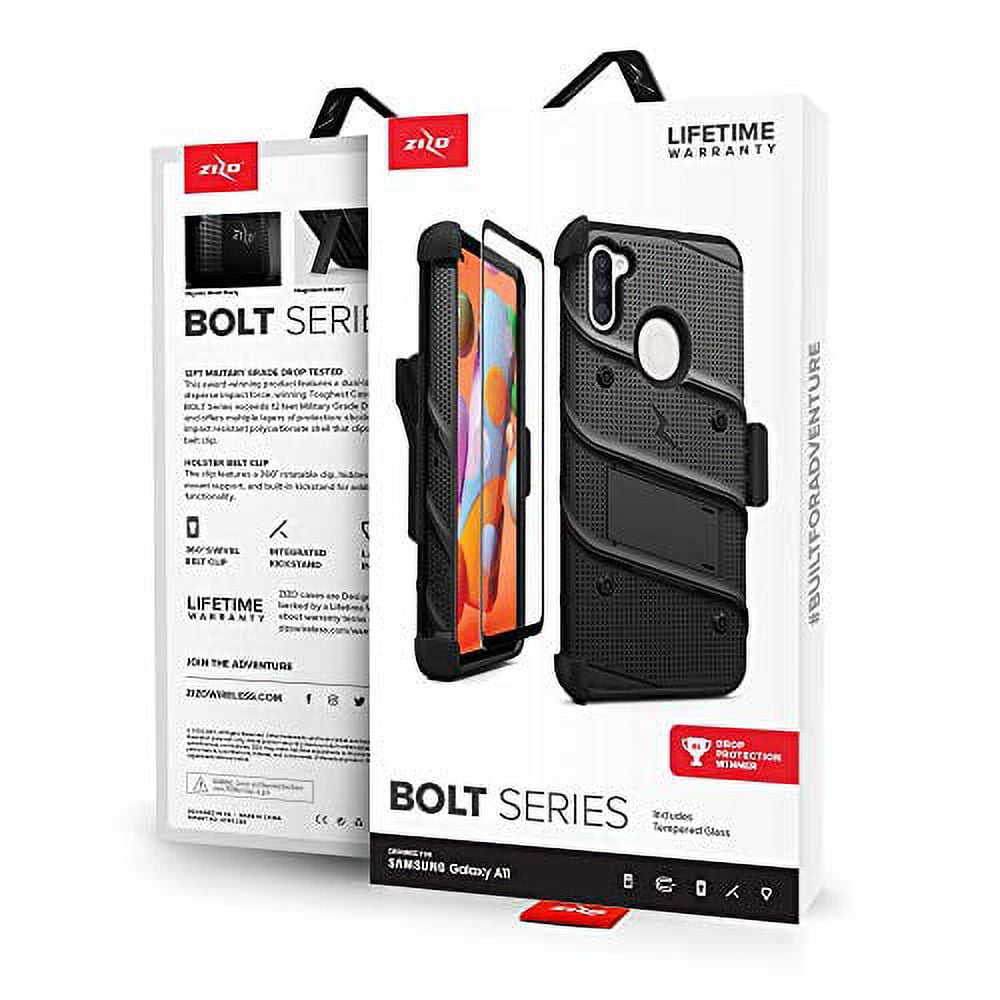 Zizo Bolt Series Samsung Galaxy A11 Case with Screen Protector Kickstand Holster Lanyard - Black